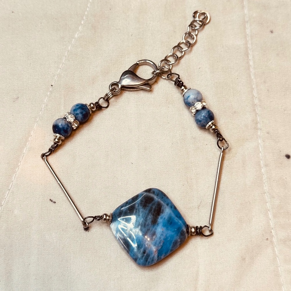 Stainless Steel Chain Bars & Clasp Large Sodalite & Small Round Blue Dot Jasper